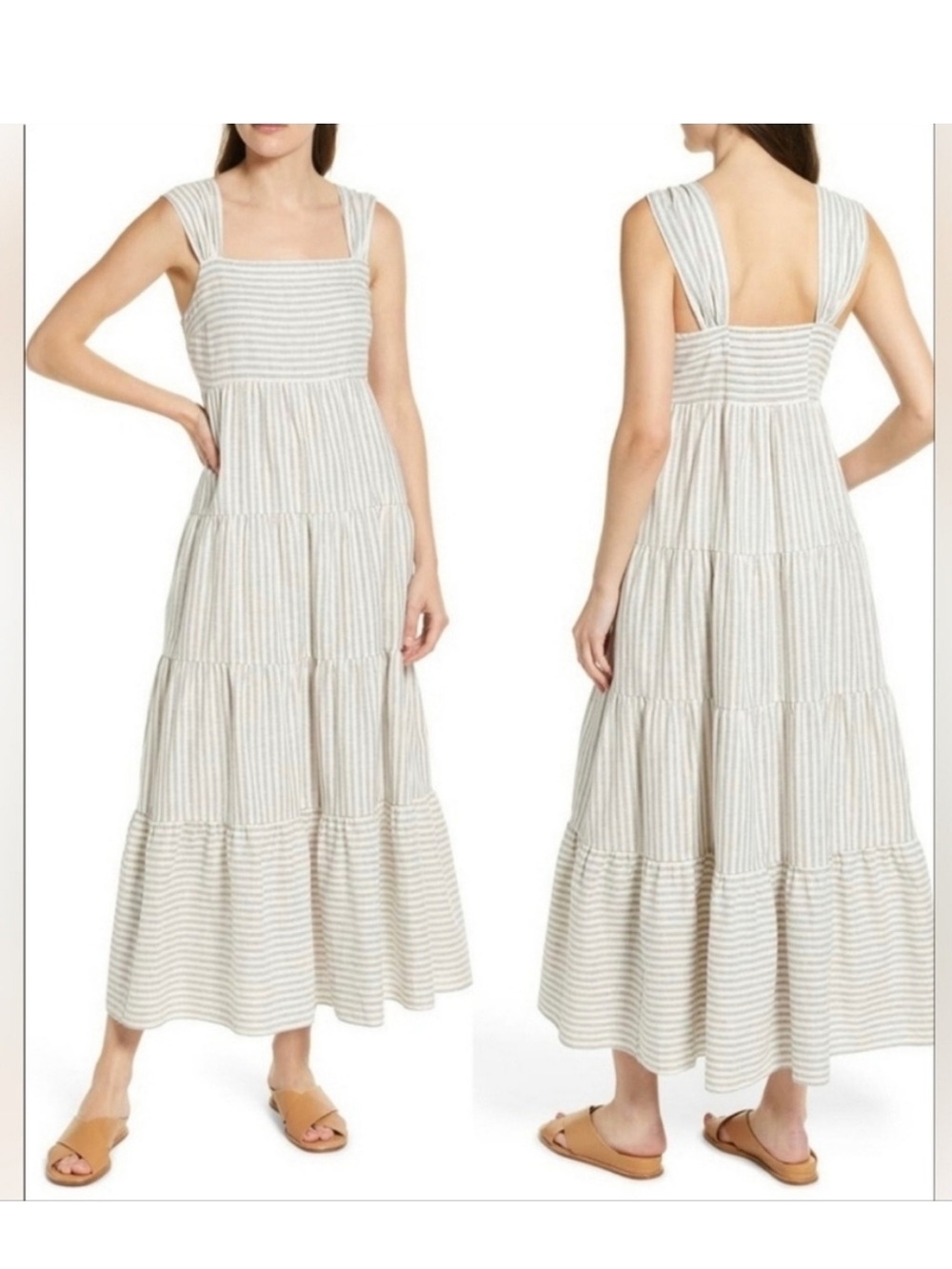 Striped White and gray Tiered Maxi Dress